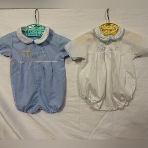 Vintage set of 2 embroidered train one piece rompers 3-6months blue and white